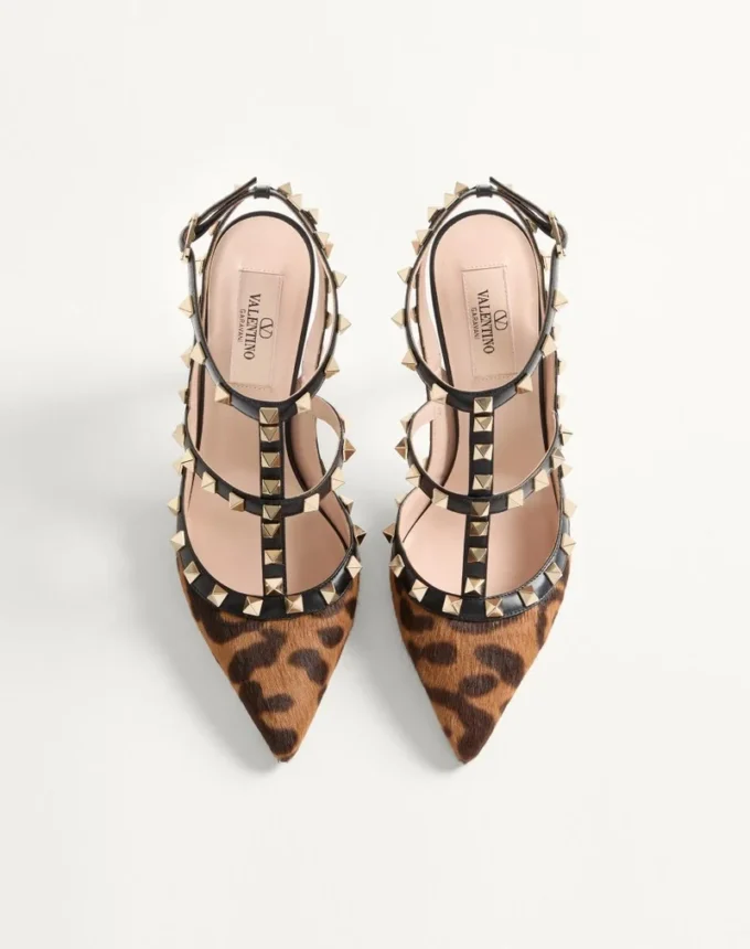 Zapatos de salón Rockstud con tiras en piel de becerro efecto pony 100 mm
