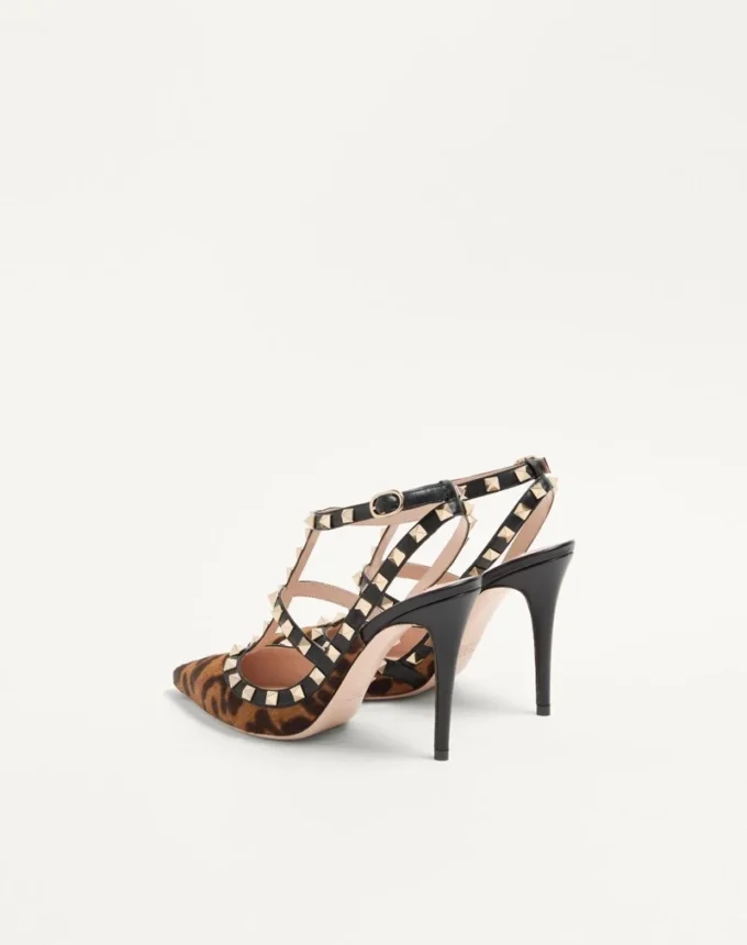 Zapatos de salón Rockstud con tiras en piel de becerro efecto pony 100 mm