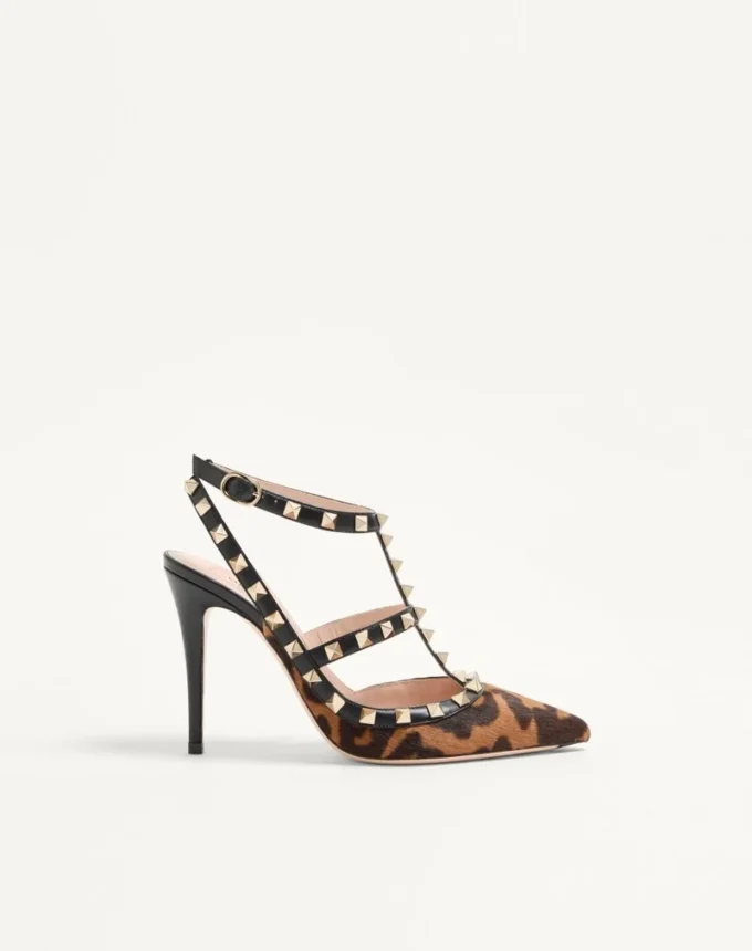 Zapatos de salón Rockstud con tiras en piel de becerro efecto pony 100 mm