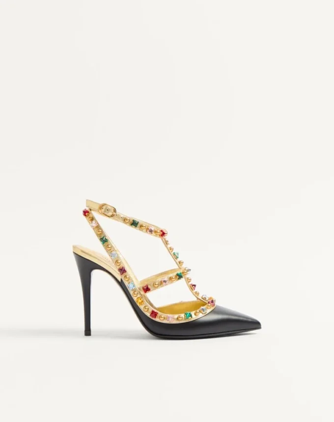 Zapatos de salón Rockstud de piel de becerro con cabujón y cristales de 100 mm