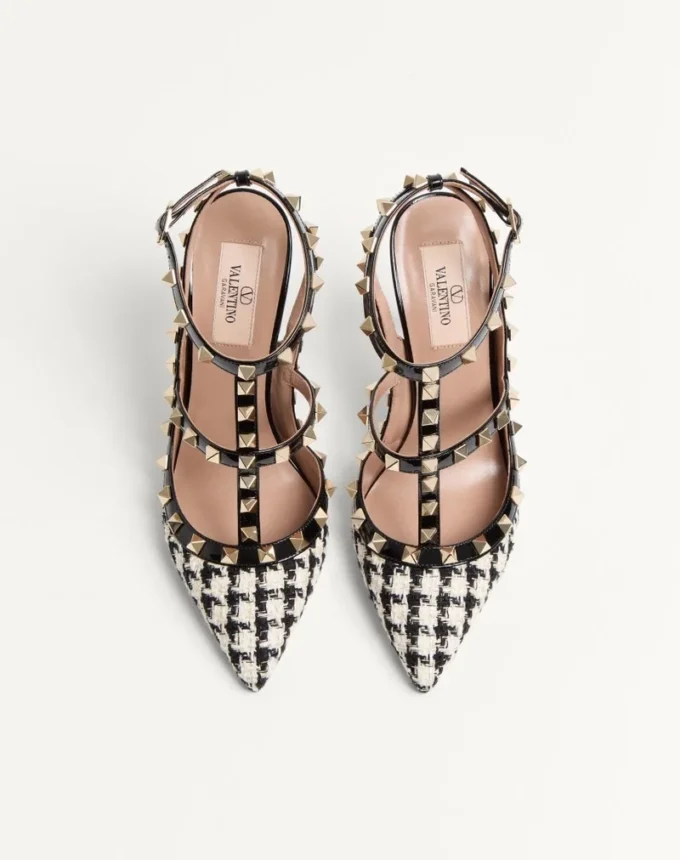 Zapatos de salón Rockstud en tejido pied-de-poule de 100 mm